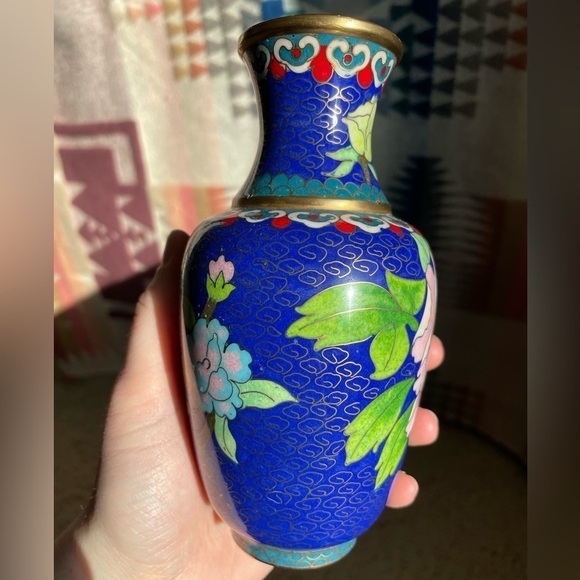 VTG Mid Century Chinese 6" Tall Filagree Enamel Cloisonné Vases Set of 2 Blue - Picture 11 of 14